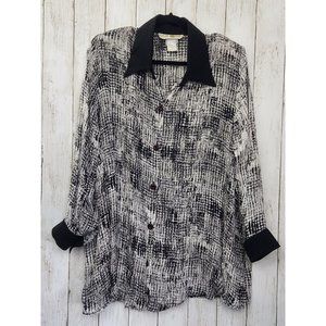 Edmond Boublil Vtg Black White Geometric Button Up Shirt Women Plus Sz 3X